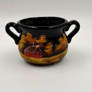 3" ceramic crock with painted barn with small handles